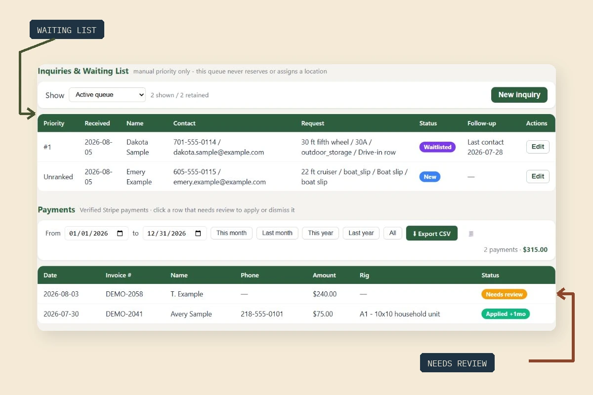 Real BayRoster demo showing the payment review workflow